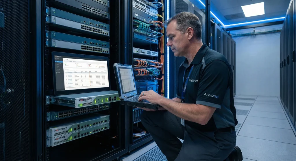 Veri merkezinde firewall ve ağ cihazları üzerinde güvenlik yapılandırması yapan siber güvenlik uzmanı.
